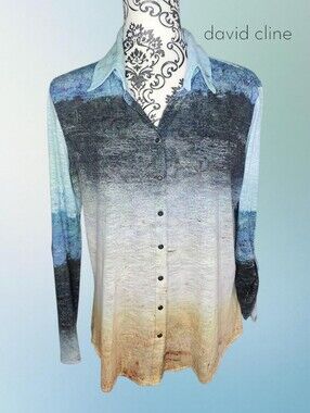 DAVID CLINE Gradient Button-Down Shirt in Blue, Gray & Tan - Medium